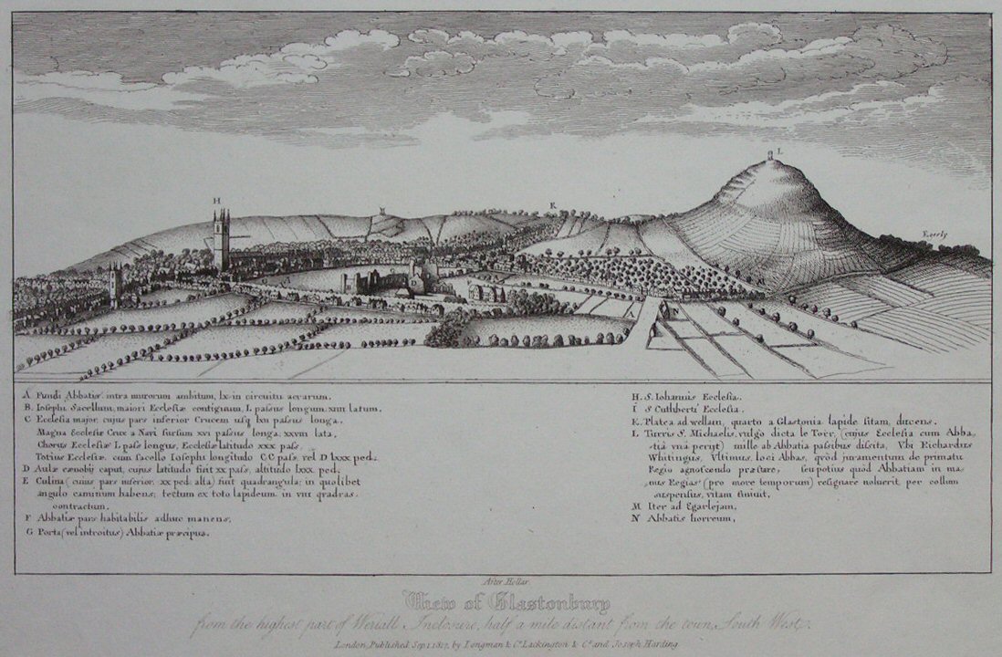 Print - View of Glastonbury from the highest part of Weriall Inclosure, half a mile distant from the town, South West. After Hollar.